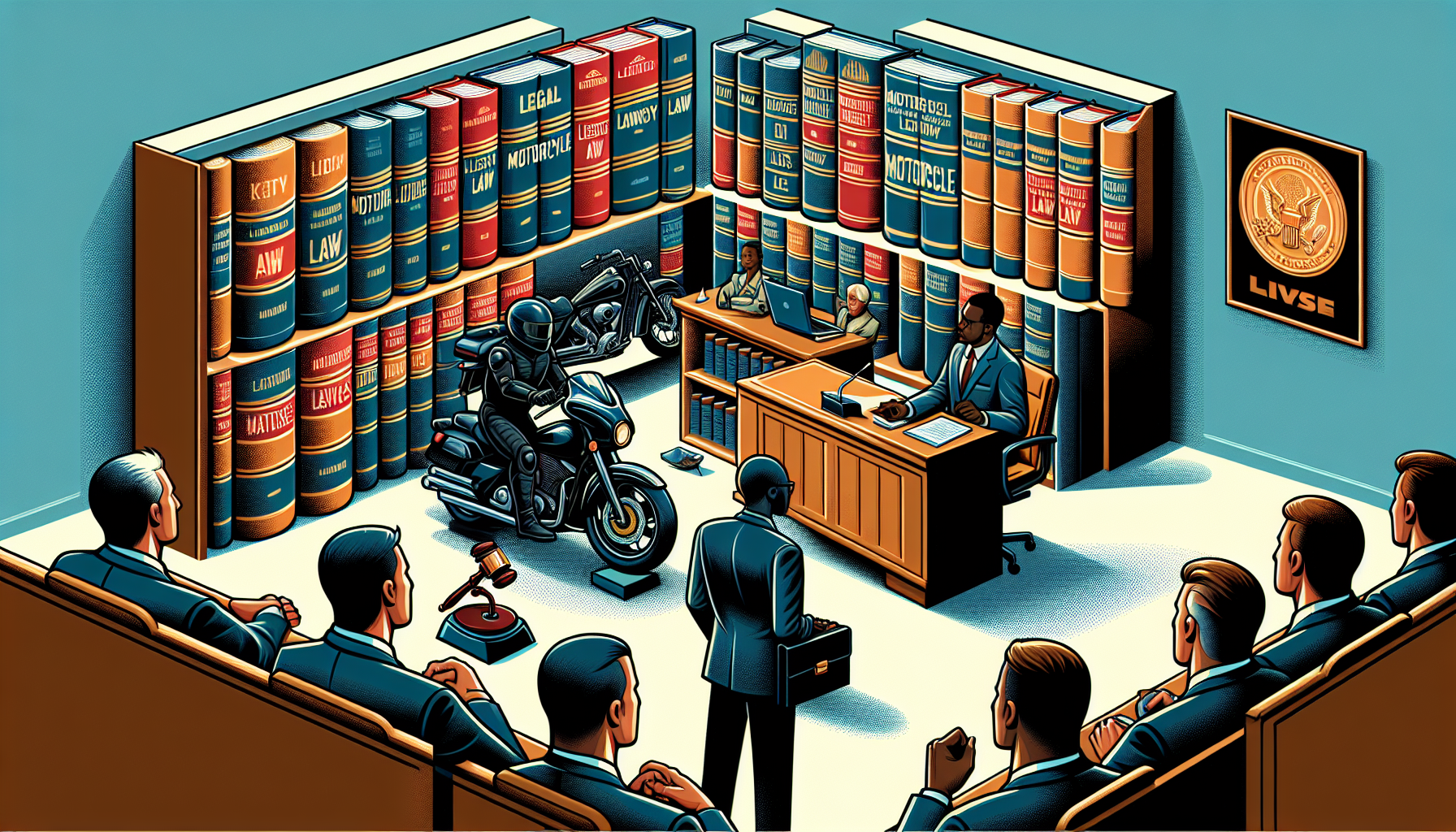 Detailed courtroom scene depicting a confident specialist motorcycle lawyer presenting a compelling argument before a judge, illustrating the positive impact of expert legal knowledge on motorcycle-related cases. The image should include visual elements like legal books on motorcycle laws, a motorcycle model on the lawyer