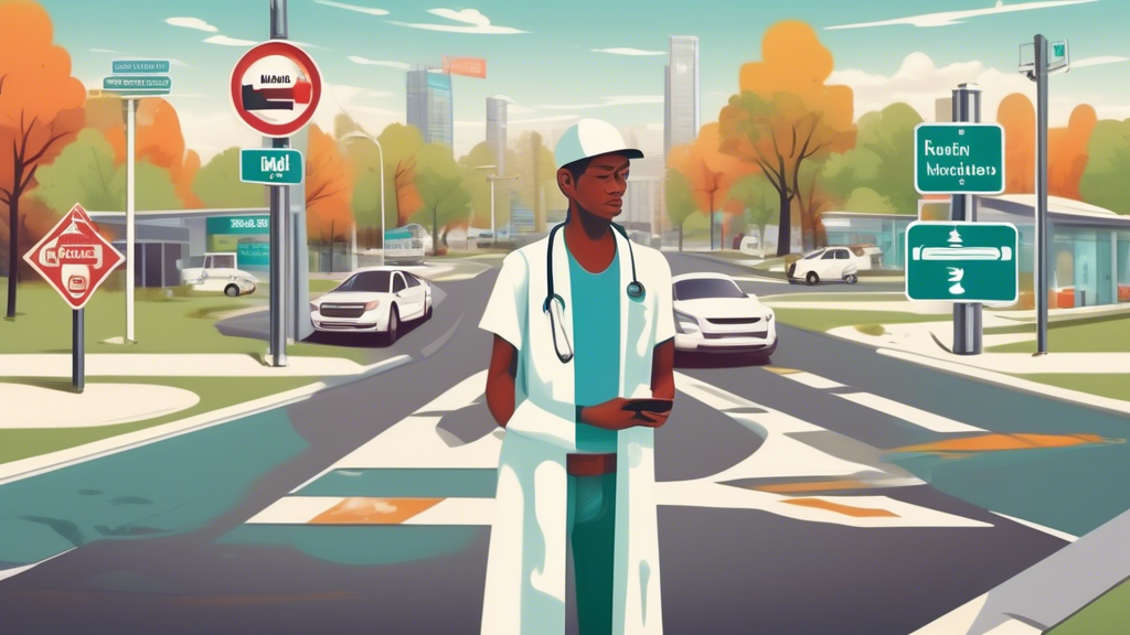 Create an image that depicts a commercial driver standing at a crossroads with multiple road signs pointing in different directions, each labeled with different healthcare facility names. The driver appears thoughtful and determined, smartphone in hand, looking up at one sign highlighting a positively reviewed medical center. The background shows a blend of urban and rural settings, emphasizing accessibility and location variety. In the corner of the image, insert digital elements such as star ratings and icons of healthcare websites, symbolizing online resources and reviews. This image encapsulates the decision-making process and tools for finding a reliable facility for a commercial driver physical exam.