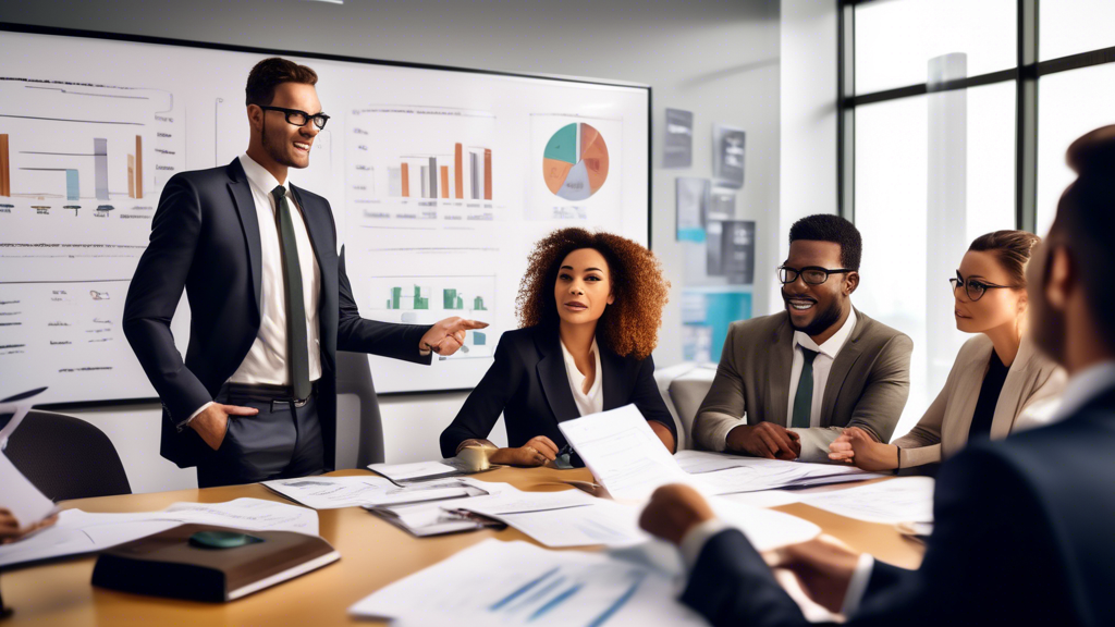 Create an image depicting a confident and determined lawyer in a sleek, modern office setting filled with legal books and files. The lawyer should be standing triumphantly next to a large whiteboard, which is covered with charts, graphs, and calculations. In the foreground, a diverse group of clients, visibly relieved and optimistic, are reviewing documents detailing a successful compensation settlement. Include elements that suggest the compassionate support and strategic expertise of top injury lawyers, such as an empathetic conversation, a framed certificate of recognition, and motivational quotes on the walls. The atmosphere should convey a sense of achievement and reassurance.