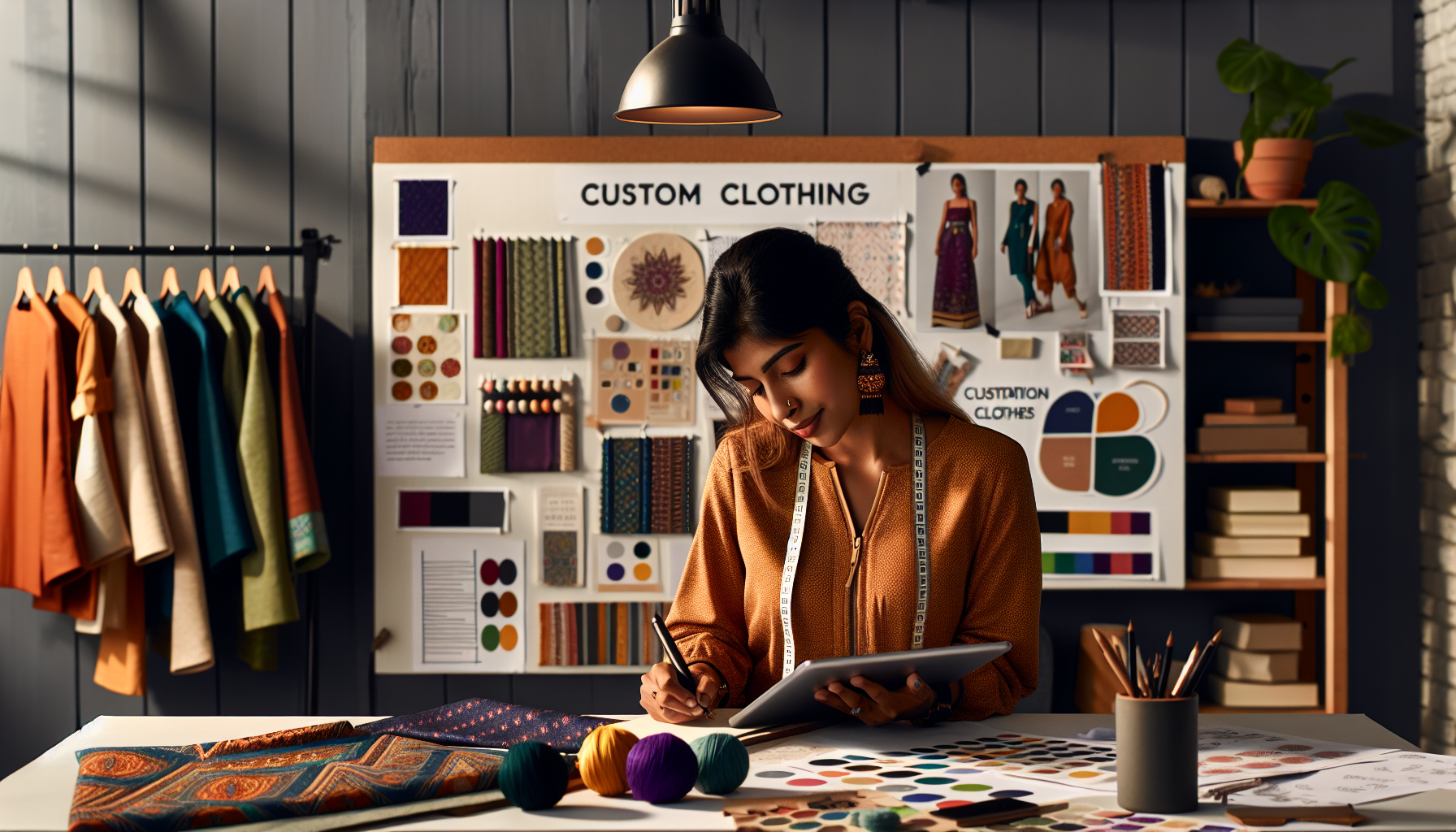 Create an imaginative and vibrant scene showcasing a designer at work in a bright, modern studio, surrounded by various custom apparel designs. The designer is sketching on a tablet, with colorful fabric swatches, trendy graphics, and a mood board displaying current fashion trends in the background. The studio is filled with inspiration, demonstrating key design elements like unique colors, innovative patterns, and textures. Include details that reflect the creativity and diversity in custom apparel, appealing to a wide range of audiences.