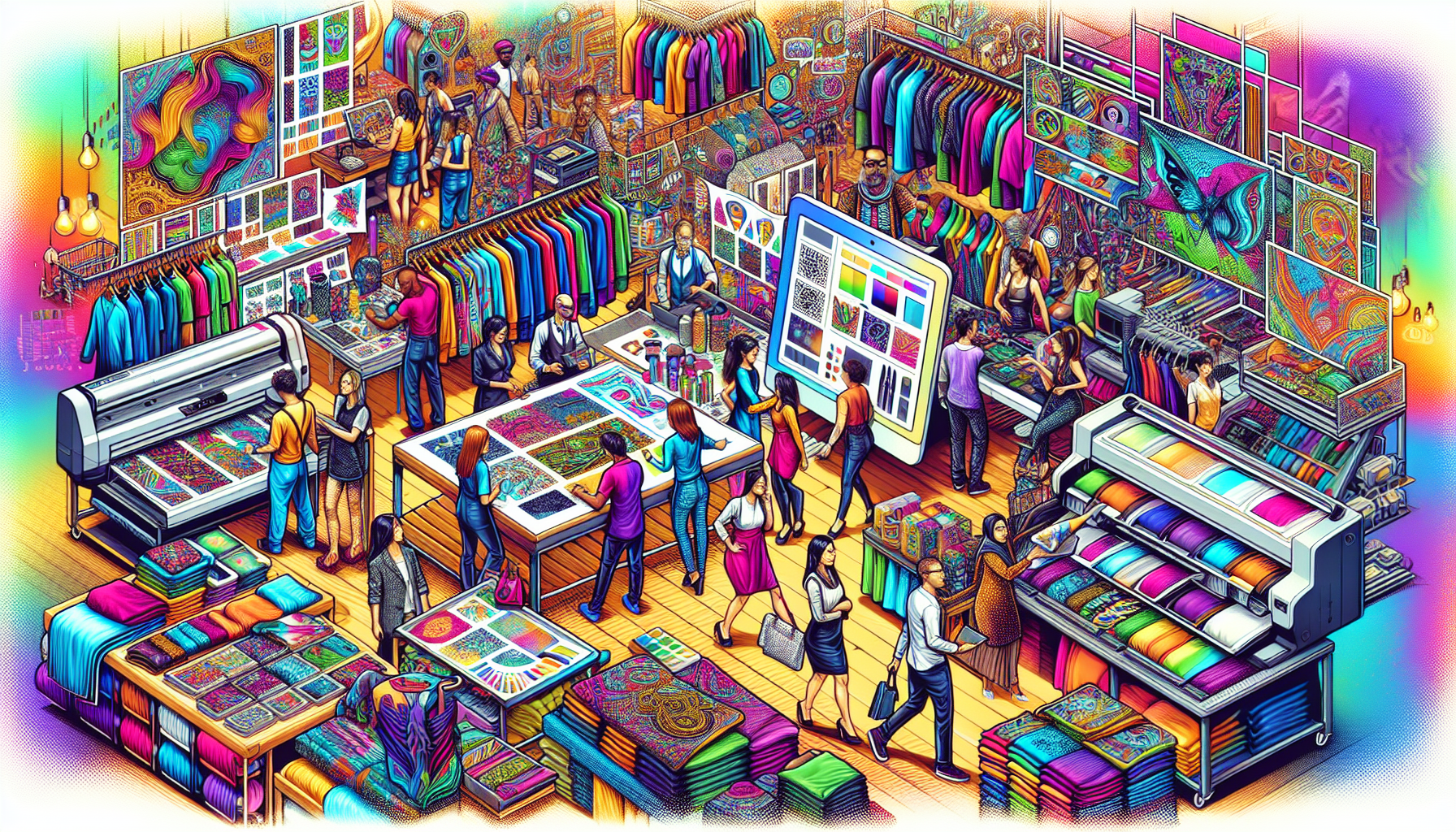 An illustration depicting a diverse group of people exploring various options for custom apparel at a bustling marketplace. The scene features a mix of local printers showcasing vibrant, high-quality designs, along with digital platforms displaying a variety of fabrics, colors, and graphics. Include elements like samples of personalized shirts and jackets, customers discussing their design ideas, and a clear emphasis on the quality and creativity of the custom apparel options available.