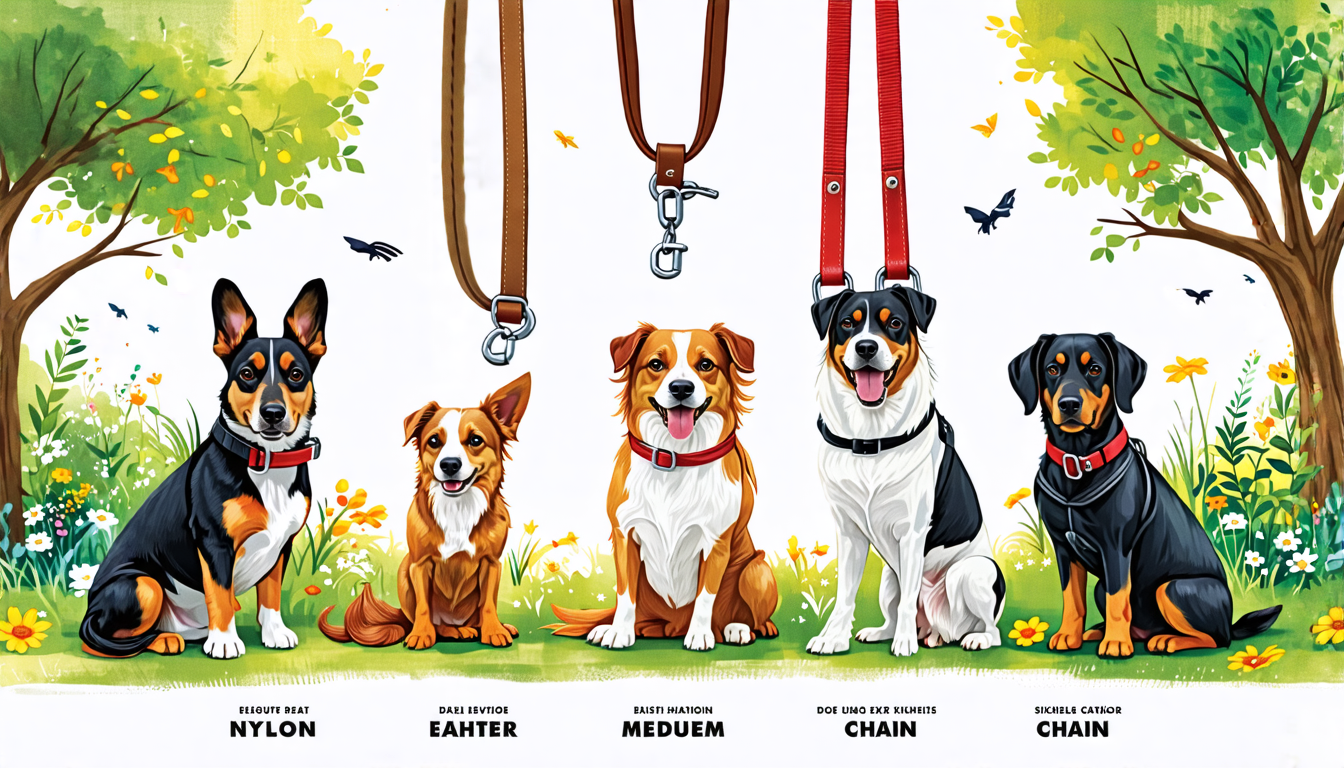 Create a detailed and vibrant illustration depicting an array of dog leashes made from different materials such as nylon, leather, and chain. Each leash is displayed with a unique dog breed suited for the material, such as a small dog with a nylon leash, a medium-sized dog with a leather leash, and a large dog with a chain leash. The background shows a park setting, emphasizing durability and comfort, reflecting a leisurely yet active day out. Make sure the image highlights the textures and qualities of each leash material, showcasing the diversity in design and utility for various walking activities.