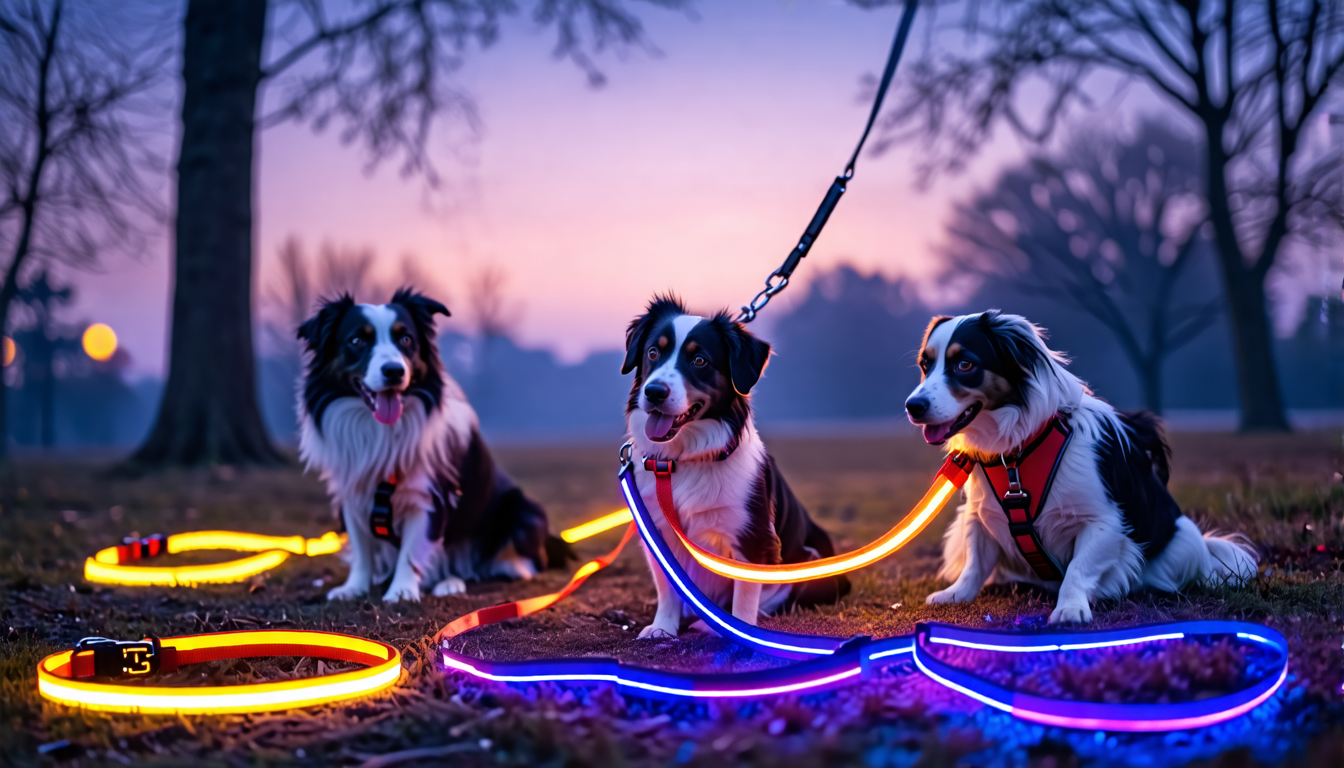 Create an image that showcases a variety of dog leashes with an emphasis on their safety and functionality features. Include leashes with reflective stitching glowing softly, highlighting their visibility in low-light conditions. Show secure clasps made of sturdy metal material, ensuring durability. Feature ergonomic handles with a comfortable grip design, making the leashes user-friendly for dog owners. The setting should be a park in twilight with happy dogs of different breeds wearing these leashes, demonstrating practicality in a real-world scenario. The overall tone should be informative and reassuring, appealing to pet owners looking for safe and reliable dog leashes.