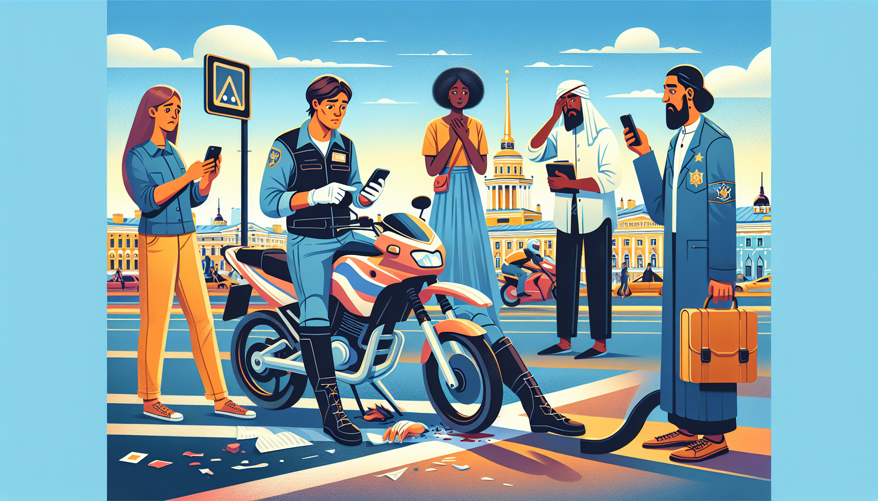 An illustration of a motorcyclist involved in a minor accident on a busy St. Petersburg street, checking for injuries while simultaneously using a smartphone to take pictures of the scene, with nearby witnesses offering help, and an overview of the cityscape highlighting St. Petersburg’s landmarks in the background.