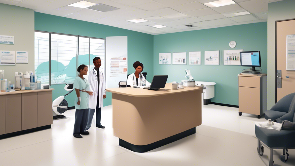 Create an image depicting a professional setting inside a DOT physical clinic. The scene should highlight key factors to consider when selecting such a clinic: a friendly and attentive medical staff, modern equipment, and certificates of accreditation displayed on the walls. In the background, a commercial driver fills out paperwork, while a doctor consults a patient with a warm and approachable demeanor. The setting should convey a clean, organized, and welcoming atmosphere, emphasizing the importance of reputation, services, and location in the decision-making process for commercial drivers seeking a DOT physical clinic.