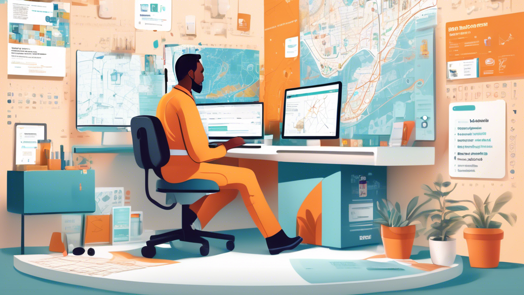 Create a detailed digital illustration showing a commercial driver sitting at a computer, surrounded by various digital and physical resources for finding a trusted DOT physical clinic. Include elements like a laptop screen displaying a map with markers for nearby clinics, a mobile phone with a review app open showing ratings and comments, a bulletin board with pinned peer recommendations, and a clipboard with a list titled Official Registries. The room should have a cozy and organized feel, with the driver focused and taking notes, emphasizing the process of utilizing diverse tools and strategies in locating high-quality DOT physical clinics.