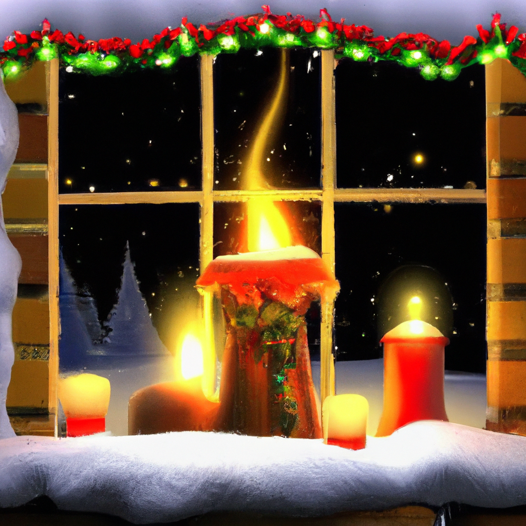 Create an image that showcases a beautifully decorated holiday window, with various top-rated Christmas candle lights softly glowing in the night. The window should feature a tasteful arrangement of these lights in different styles and sizes, each with a small tag or label indicating customer reviews and ratings. The scene outside the window is a serene snowy night, enhancing the warm ambiance created by the candle lights. Unique features like flickering flame effects and innovative designs should be subtly highlighted in the image, inviting viewers to imagine the cozy atmosphere they could bring to their own homes.