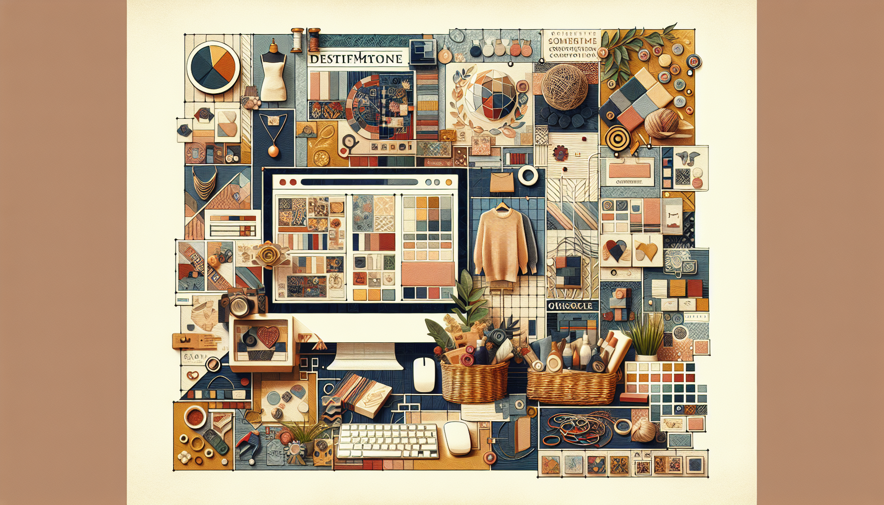 Create a vibrant and engaging digital collage showcasing the key elements of effective Etsy branding. Include a unique shop name and logo that captures the spirit of creativity and craftsmanship, visually appealing shop aesthetics with consistent colors and patterns, and snippets of compelling shop descriptions and product listings. Feature a diverse range of handmade crafts such as jewelry, home decor, and art prints, all framed within a cozy online shop environment. Emphasize a cohesive and inviting atmosphere that resonates with potential customers, highlighting the importance of strong branding in the Etsy marketplace.