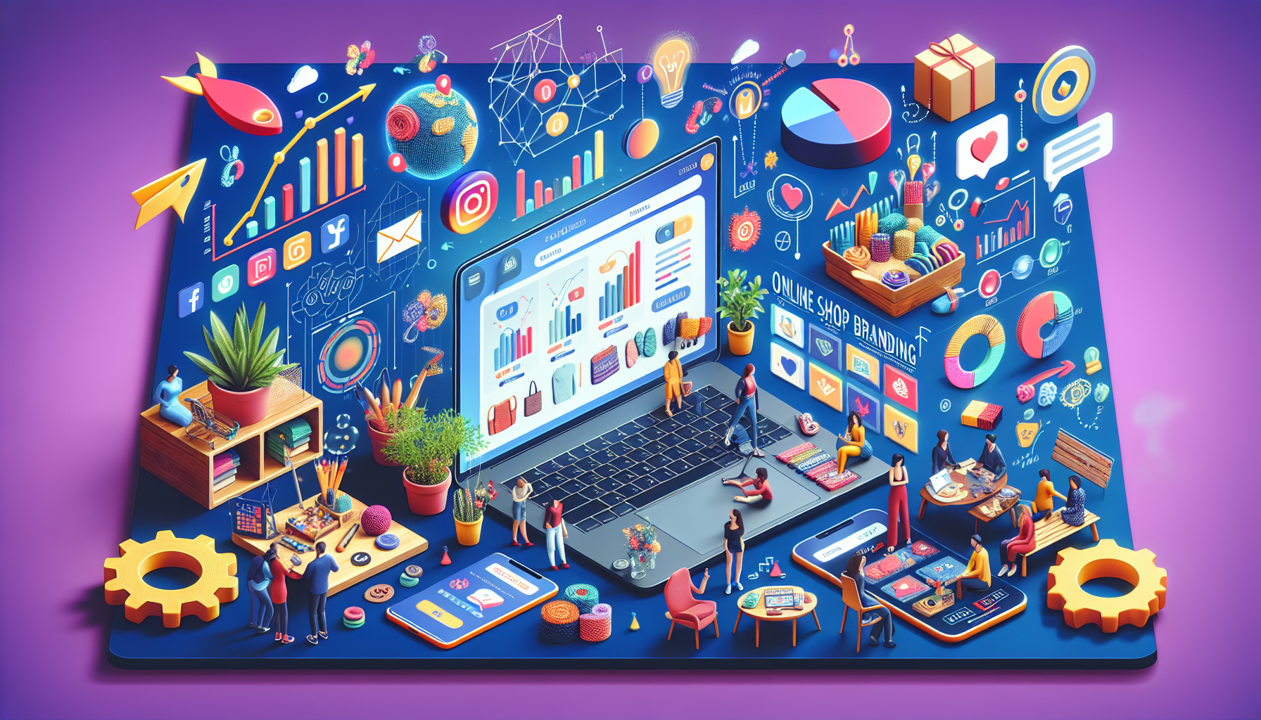 Create an image showcasing various strategies for enhancing Etsy branding. Include elements like social media icons, a laptop with a vibrant Etsy shop page open, engaged customers in a community setting, and visuals representing market trends (like graphs or analytics). The scene should convey a sense of creativity, connection, and modern digital marketing, emphasizing the importance of branding in attracting buyers in the Etsy marketplace.