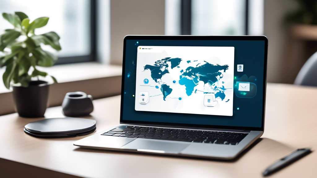 Create an image that visually represents the concept of Top VPN-Anbieter für Windows im Test. The image should feature a sleek, modern workspace with a laptop displaying a VPN interface on the screen. Include logos or icons of popular VPN services like NordVPN, ExpressVPN, and CyberGhost in a comparison format. Surround the laptop with tools or elements symbolizing online security, like a padlock, shield, and a globe, while displaying key terms like Sicherheit, Geschwindigkeit, and Benutzerfreundlichkeit in an engaging, tech-savvy style. The overall aesthetic should be inviting and professional, appealing to users looking for reliable VPN solutions for their Windows devices.