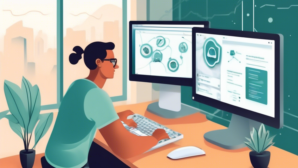 Create an informative and visually engaging illustration that depicts the optimal setup for using a VPN on a Windows computer. The image should show a computer screen with a VPN interface open, displaying options for configuration and connection. Include step-by-step instructions in text bubbles beside the elements being adjusted, such as 