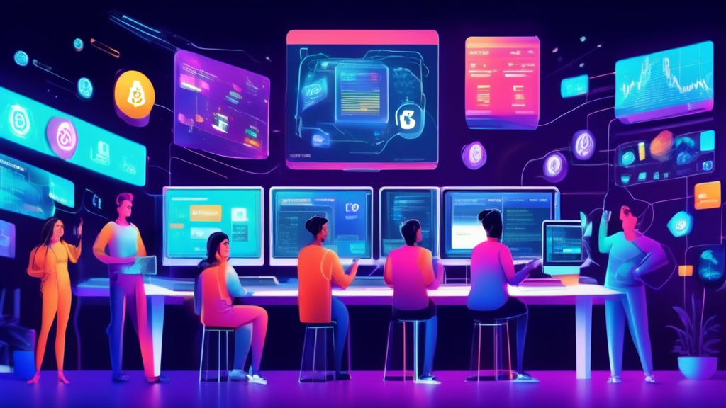 Create an image illustrating a vibrant and futuristic digital marketplace, showcasing a variety of screens displaying different popular crypto exchange platforms. Each screen highlights key features such as low fees, strong security measures, and user-friendly interfaces. In the foreground, a diverse group of beginners eagerly interact with the platforms, displaying expressions of curiosity and excitement. The scene is set with an array of tech gadgets, representing the users