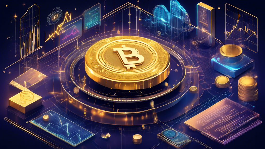 Create a digital art piece depicting a futuristic financial scene illustrating the benefits of investing in cryptocurrencies with a Coinbase IRA. The image should showcase an array of diverse digital currency symbols surrounding a golden IRA vault, with holographic charts and graphs displaying positive growth trends. Include visual elements that represent taxation advantages and portfolio diversification, such as a transparent, layered pie chart and tax document iconography. Ensure the security and convenience of using Coinbase IRA are subtly depicted through the presence of a sleek, advanced security interface and easy-to-use digital devices in the background.