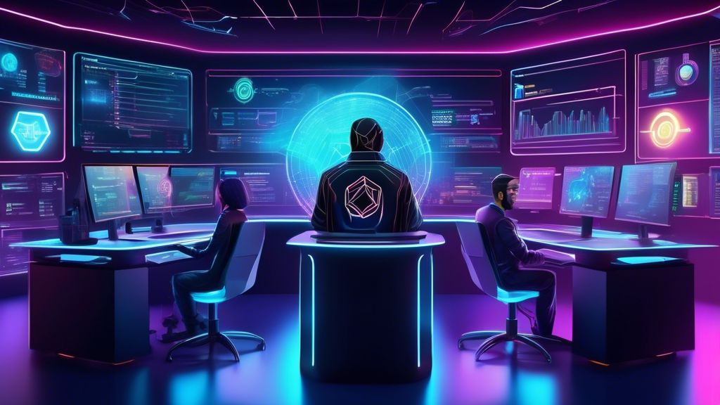 Create an image depicting a futuristic digital trading desk with vibrant holographic displays showcasing various cryptocurrencies. Include a diverse set of characters, both human and AI assistants, engaging in strategic discussions with charts and graphs floating around them. The environment should be sleek and advanced, highlighting the concept of the best crypto trading platform. Emphasize secure trading practices with visual elements like digital locks and encrypted shields subtly integrated into the imagery.