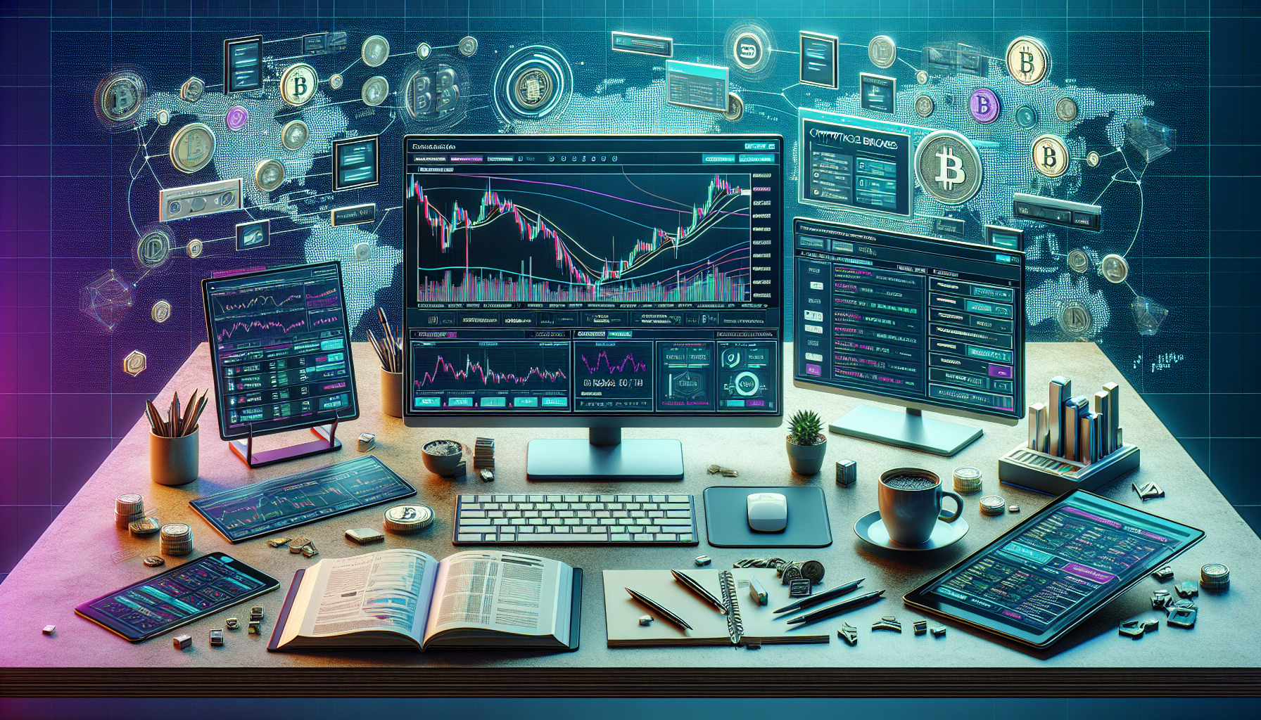 Create an image of a modern workspace featuring a dual-monitor setup displaying a sophisticated cryptocurrency trading platform. The user interface on the monitors shows various trading tools such as real-time price charts, a list of trading pairs, and an overview of transaction fees. The background includes a tastefully organized desk with a cup of coffee, a notepad with pen, and a tablet open to customer reviews of cryptocurrency brokers. The scene conveys a sense of strategic decision-making and research, emphasizing the importance of choosing a reliable cryptocurrency broker.
