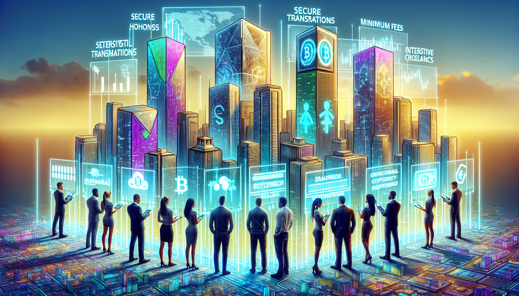 Create a digital artwork illustrating a comparative guide of the top cryptocurrency brokers. The image should depict a futuristic cityscape with skyscrapers, each representing a renowned cryptocurrency broker. Each tower should display unique features through digital billboards or holograms, showcasing their strengths, such as security, low fees, diverse cryptocurrency support, and advanced trading tools. In the foreground, a diverse group of traders examines these broker towers through interactive holographic screens, comparing their services. The setting should be vibrant and modern, emphasizing innovation in the digital currency market.