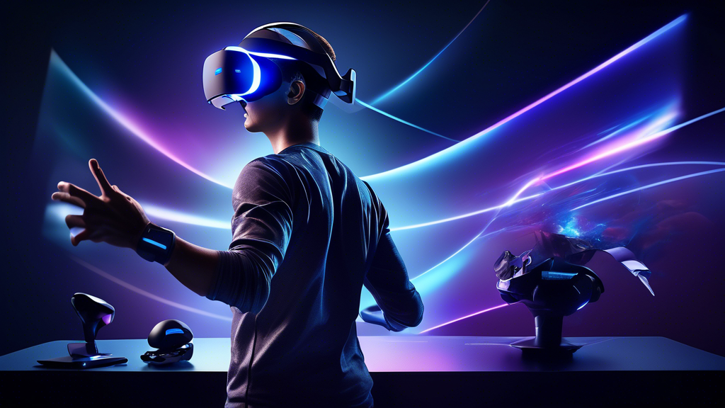 Create an image depicting a futuristic VR gaming setup showcasing the PS VR2 headset in action. The scene focuses on a player immersed in the Horizon game, featuring the headset emitting iridescent lights symbolizing cutting-edge VR technologies like haptic feedback and adaptive triggers. The background should highlight the ergonomic and sleek design of the headset with the user appearing comfortable and engaged in a vividly detailed virtual world. This dynamic portrayal emphasizes the technological advancements that enhance user interaction and gameplay mechanics in Horizon.