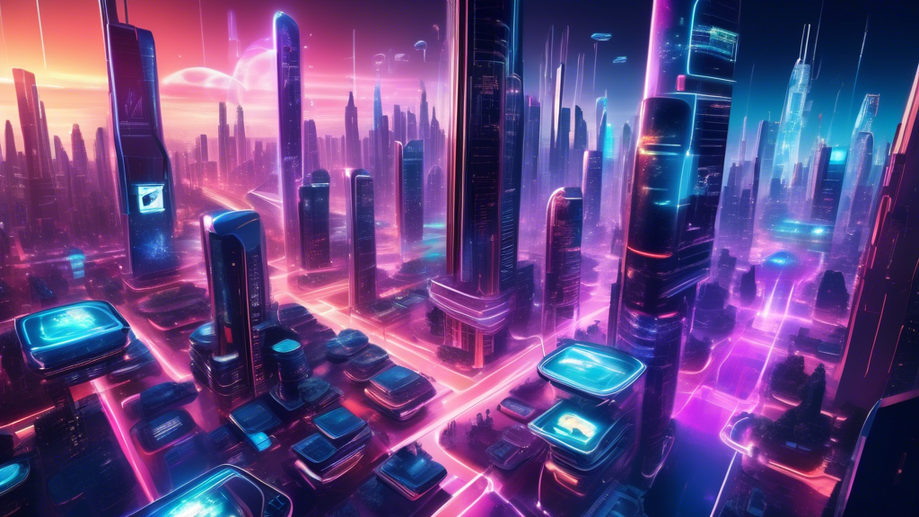 Create an image depicting a futuristic cityscape with neon-lit skyscrapers that represent the Horizon universe. In the foreground, showcase diverse groups of people, wearing PS VR2 headsets, fully immersed and interacting with the virtual world of Horizon. Include elements like holographic signs and VR gaming stations that symbolize the technological advancements of VR gaming. The atmosphere should convey excitement and anticipation, illustrating the significant impact of PS VR2 on the future of VR gaming, including its ability to captivate a broad audience and shape industry trends.