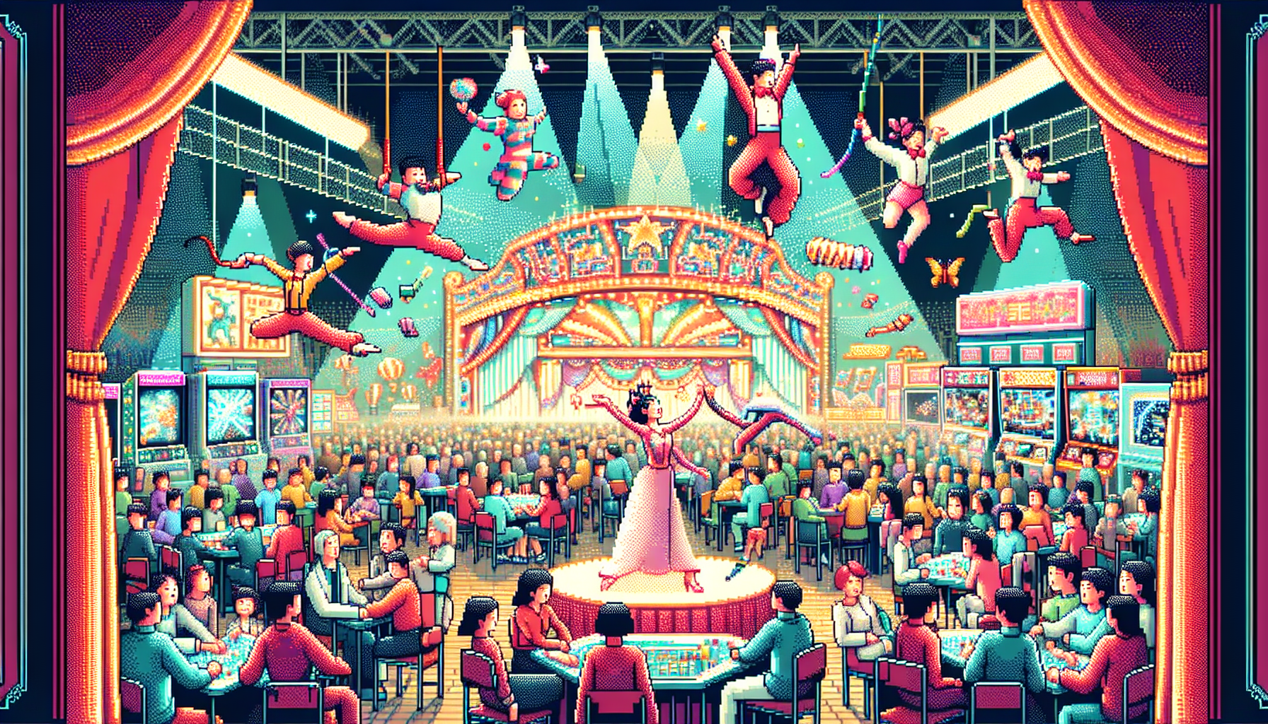 Create an image depicting the lively atmosphere at Circus Circus Reno, showcasing a vibrant scene filled with exciting entertainment options. Capture the dynamic energy of a live circus performance with performers in colorful costumes, acrobats mid-air, and a captivated audience. Include the bustling arcade area in the background, where people of all ages are enjoying a variety of engaging games. The setting should be rich in detail, highlighting the diversity and thrill of attractions available at Circus Circus Reno. Use bright lights and vivid colors to convey the excitement and appeal of this entertainment hotspot.