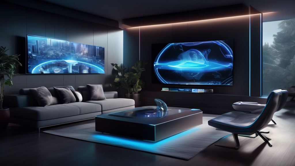 Create an image illustrating a futuristic living room showcasing the latest technological innovations from DirecTV Now. The room features a sleek, ultra-thin smart TV screen displaying vivid streaming content. A holographic interface is projected in front of the viewer, offering various personalized streaming options through an AI-driven menu. The setting highlights the transition from satellite to internet-based services, emphasizing connectivity with modern devices. Include subtle graphics representing AI and personalization, such as glowing data streams and user preference icons, to convey the technological prowess that makes DirecTV Now a pioneer in streaming.