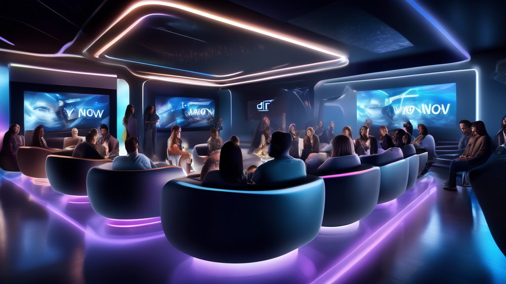 Create an image that illustrates the concept of exceeding customer expectations for DirecTV Now. The scene is a futuristic lounge where a diverse group of people are gathered, each engrossed in watching different shows on sleek, holographic screens tailored to their individual preferences. The atmosphere is vibrant and comfortable, emphasizing satisfaction and happiness. The setting should also reflect modern and ultra-modern design elements, symbolizing DirecTV Now