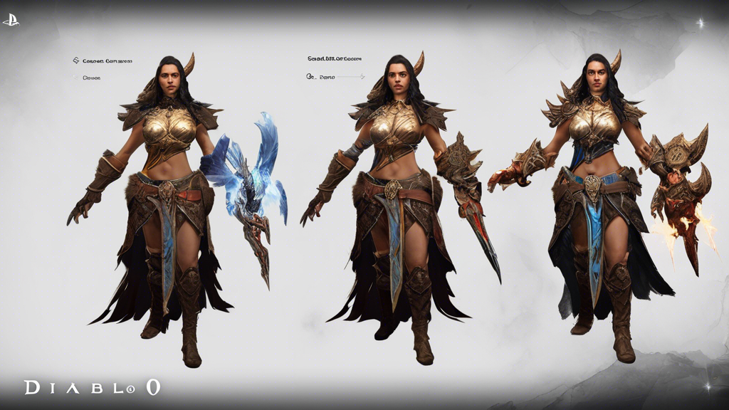 Create an image that illustrates the character creation and class selection process in Diablo 4 on PlayStation 5. The scene should showcase a PlayStation 5 console with a vibrant, dynamic display of the Diablo 4 character creation screen, featuring various character classes like Barbarian, Sorceress, and Druid. Include visual elements that represent customization options, such as hairstyles, armor, and skills, while surrounding the console with gaming accessories like a DualSense controller and in-game art. The atmosphere should convey excitement and adventure, reflecting the game