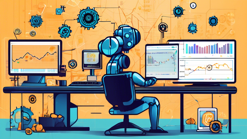 Create an image that visually represents the concept of getting started with automated crypto trading. The scene should include a modern trading platform interface displayed on a sleek computer screen, with various cryptocurrency charts and graphs. Next to the screen, feature a friendly robot or trading bot surrounded by icons symbolizing tools and automation, such as gears, algorithms, and digital currencies. The background should be a tech-savvy environment, with hints of blockchain motifs and patterns. The overall tone should convey a sense of innovation and accessibility for beginners in the crypto trading space.