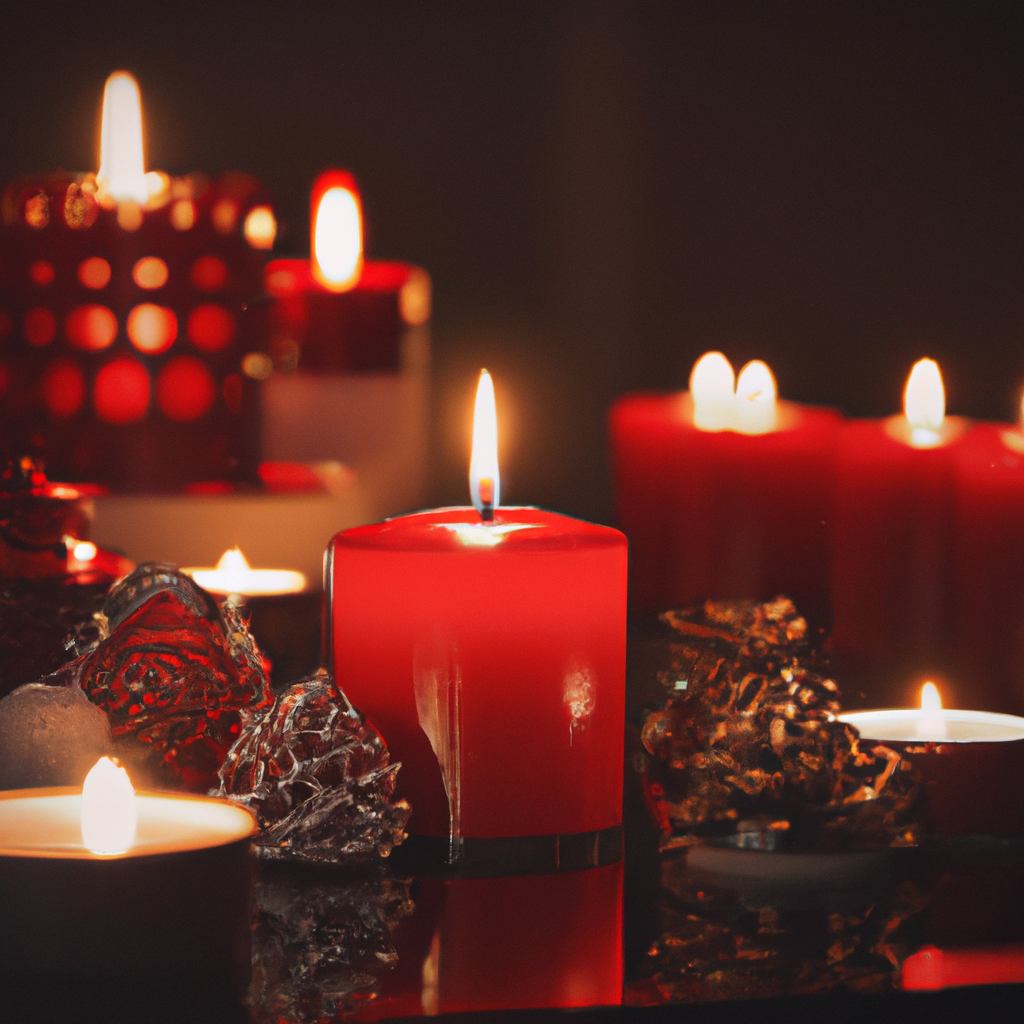 Create an image of a cozy indoor Christmas setting, focusing on the safe and effective arrangement of candle lights. Include a variety of candle types, such as LED and traditional wax, positioned carefully around the room to maximize the festive and magical ambiance. Ensure the setting illustrates safety precautions like flame-resistant bases and strategic positioning away from flammable materials. Highlight the eco-friendly aspect by showcasing LED candles alongside traditional ones, emphasizing their role in creating a warm and sustainable holiday atmosphere.