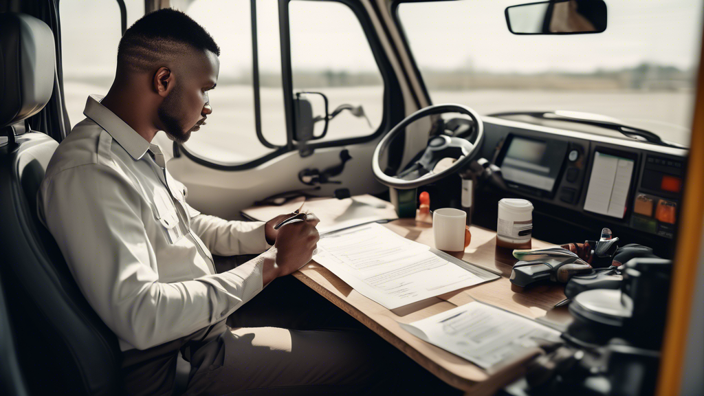 Create an image of a commercial driver sitting at a desk, surrounded by neatly organized documents and a checklist for a CDL DOT physical exam. The driver, appearing focused and calm, sips a cup of herbal tea, suggesting preparation and relaxation. The setting includes a well-lit room with motivational posters about health and road safety, evoking a sense of readiness. Emphasize the local aspect with a map on the wall marked with “Nearby CDL DOT Exam Locations”. Use the keywords CDL DOT physical exam near me to subtly form the background pattern, reflecting the theme of preparedness and local relevance.