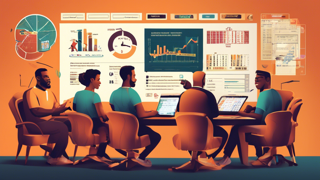 **DALL-E Prompt:** Create an informative and visually engaging illustration that depicts the development of a successful sportsbetting strategy. The image should feature a diverse group of individuals sitting around a table, analyzing sports statistics and charts on a laptop. Include elements like a notepad with budget management notes, a calculator, and a responsible gambling pamphlet. In the background, there should be a digital display screen showing various sports events and betting odds. Use a warm color palette to create a welcoming and educational atmosphere that highlights the importance of research and responsible practices in online sportsbetting.