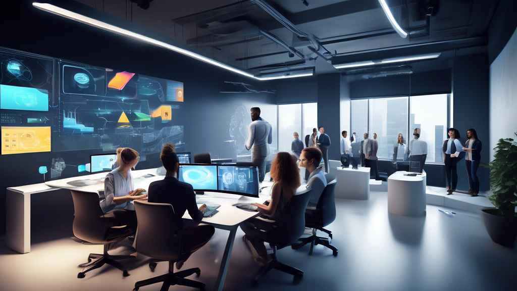Create an image depicting a modern office environment where a team of diverse professionals is gathered around a digital display, working collaboratively on developing a comprehensive business plan for a virtual reality gaming company. The scene should include state-of-the-art VR headsets, high-tech computers, and detailed charts and graphs on the display that visualize market strategies and growth plans. The room is filled with an atmosphere of innovation and creativity, with elements suggesting both the gaming industry and strategic business planning.