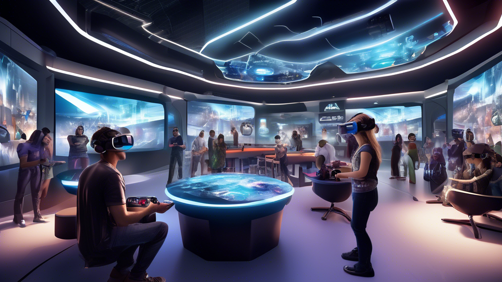 Create an image depicting a futuristic virtual reality gaming hub, with a focus on customer engagement and a thriving community. The scene should feature a diverse group of people immersed in various VR experiences, showcasing advanced technology and innovative gaming environments. Include elements that suggest a dynamic and interactive community space, such as a central gathering area with digital displays of user achievements, a bulletin board for community events, and VR stations with cutting-edge gear. The atmosphere should convey a sense of excitement and collaboration, embodying growth and sustainability in the realm of virtual reality gaming.
