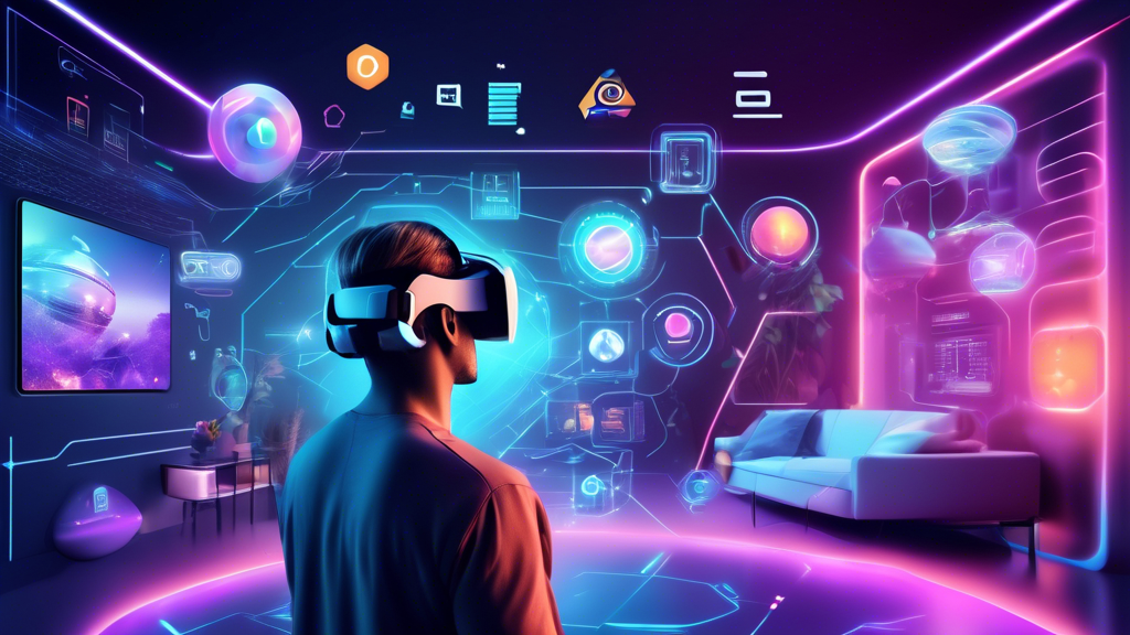 Create an image showcasing a futuristic digital interface with a selection of five floating icons, each representing one of the top adult VR apps of 2023. Each icon should have a distinct design, symbolizing unique features and user experiences. In the background, depict a modern room setting with a person wearing VR goggles, relaxed and immersed with vibrant, realistic graphics emanating from the apps, demonstrating high-quality VR content. This visual should convey a sense of cutting-edge technology and user satisfaction, highlighting the personalized and immersive experiences these apps offer in the world of adult virtual reality.