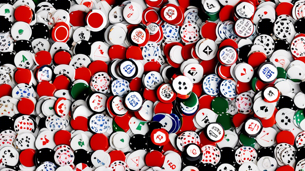 Create an image showcasing a variety of poker chips, highlighting the differences in material, design, and value. Include a range of poker chips made from clay, plastic, and composite materials, displaying various colors, sizes, and inlay designs. Arrange the chips in a visually appealing way, perhaps in a circular formation, and include labels or annotations that indicate their specific characteristics, such as Clay Chip - High Value, Plastic Chip - Low Cost, and Tournament Chip. The background should be a subtle casino theme, adding to the context without distracting from the chips themselves.