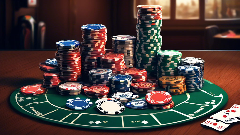 Create an illustration that showcases the various practical uses of poker chips beyond the casino table. Include scenes of poker chips being used in a home game setting, as well as in creative scenarios like teaching probabilities in a classroom, and organizing promotions at an event. Display a variety of poker chips with different designs and colors being utilized in each setting. The background should be inviting and playful, highlighting the versatility of poker chips in everyday life.