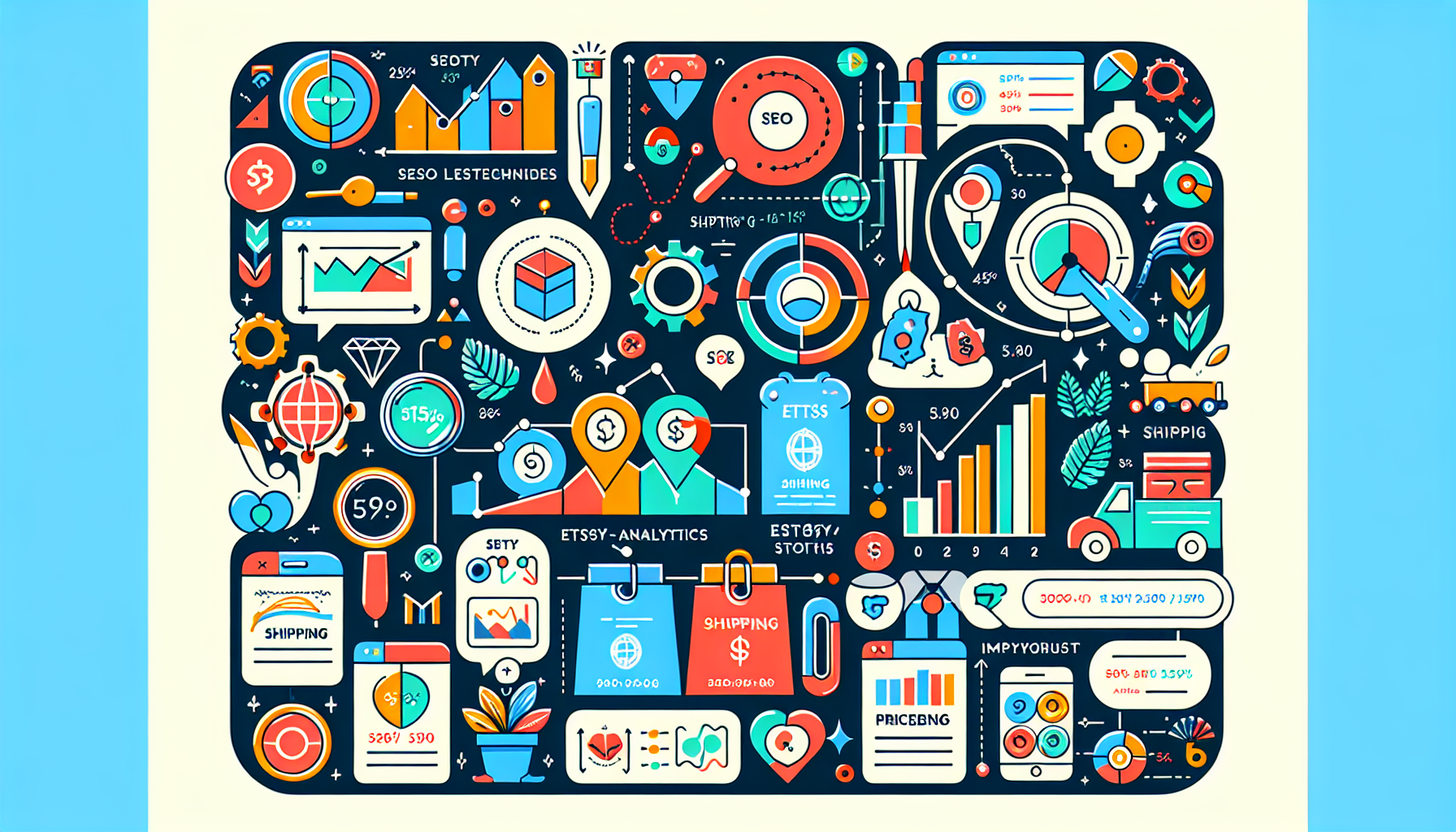 Create an informative and visually engaging infographic that illustrates the concept of Optimizing Your Etsy Listings for Increased Visibility. The design should include vibrant colors and clear sections highlighting key strategies such as effective SEO techniques, the importance of Etsy analytics, and how pricing and shipping options can attract buyers. Incorporate icons or illustrations representing SEO tools, analytics graphs, and pricing tags to visually enhance the information. The overall feel should be modern and appealing to small business owners looking to improve their Etsy shops.