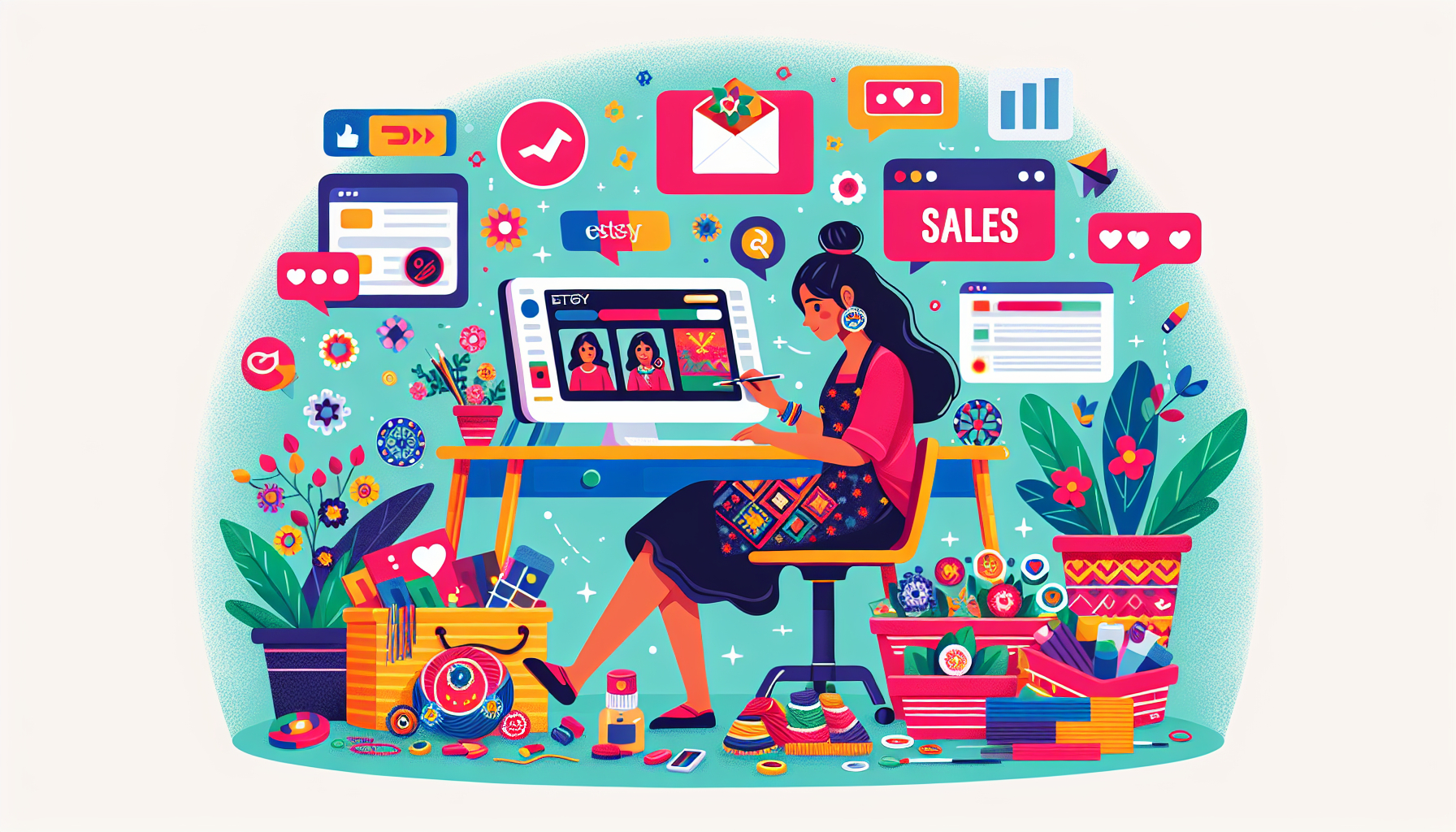 Create an eye-catching and vibrant illustration depicting a small business owner marketing their Etsy listings. In the scene, show the owner at a computer, engaging with social media platforms like Instagram and Facebook, while also crafting an email newsletter. Include elements like colorful Etsy products displayed on the table, network symbols representing community engagement, and promotional banners highlighting sales and discounts. The overall vibe should be energetic and entrepreneurial, capturing the essence of effectively marketing Etsy listings to drive sales.