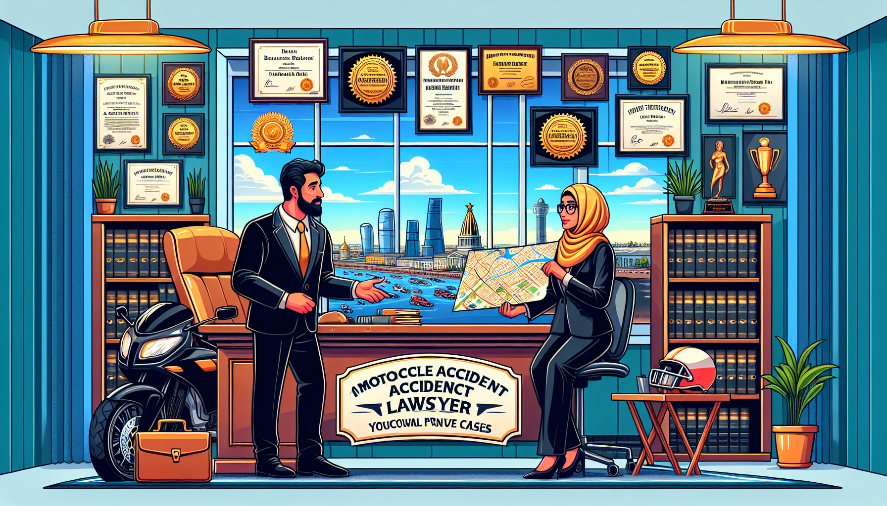 Create an image of a client meeting with a skilled motorcycle accident lawyer in a St. Petersburg office. The lawyer is presenting a map of St. Pete’s accident hotspots, while multiple trophies and certificates of successful cases line the office shelves. On the desk, there are client testimonials displayed proudly, and outside the window, the distinctive skyline of St. Petersburg is visible. The scene conveys professionalism and local expertise, emphasizing the lawyer