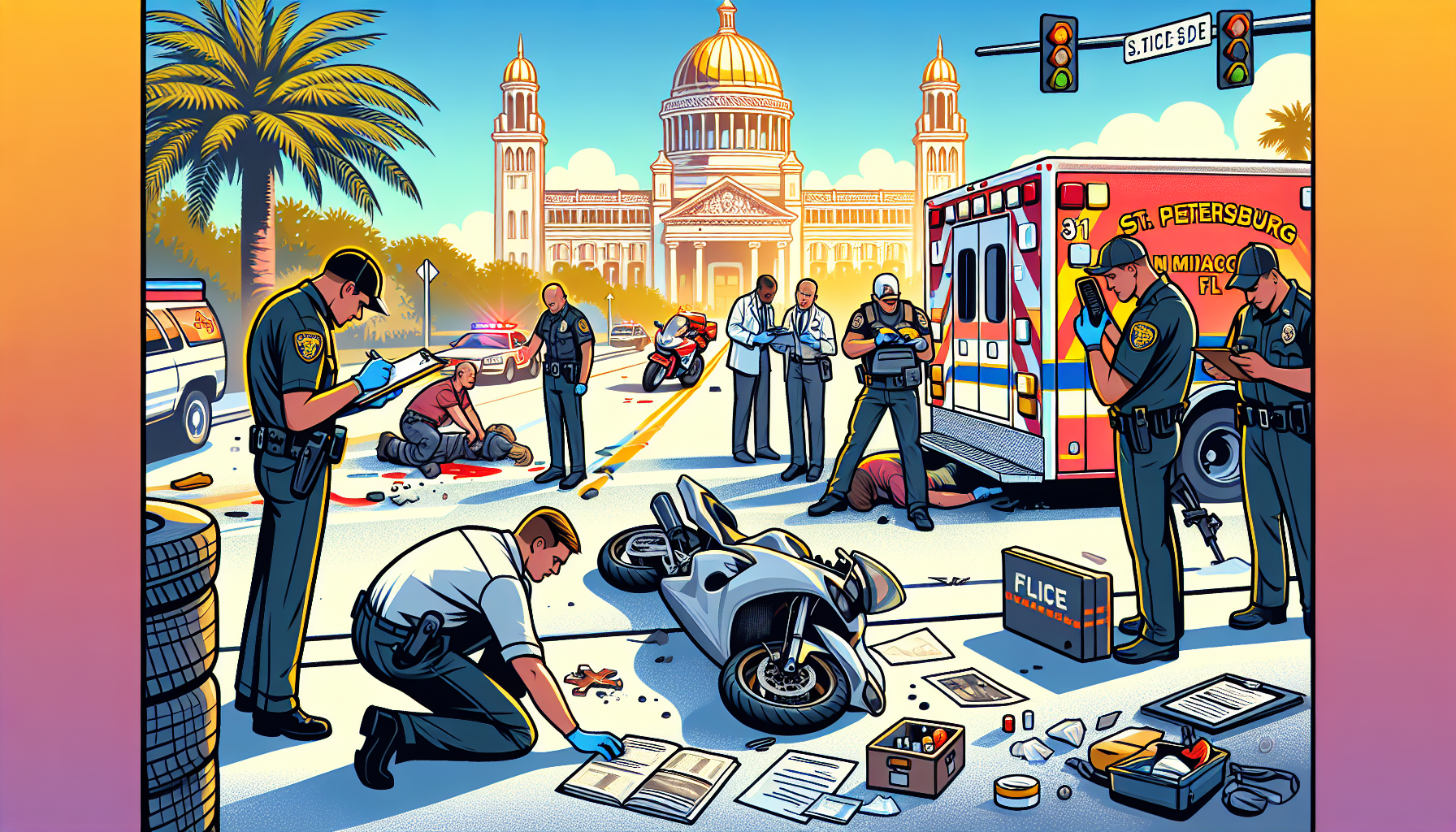 An image depicting a motorcycle accident scene on a sunny day in St. Petersburg, Florida, with emergency services actively documenting the scene and providing medical aid. In the foreground, a careful depiction of an individual collecting evidence, taking pictures of the accident, and another person making detailed notes, representing the steps taken immediately after the accident to support a legal case.