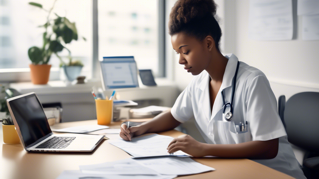 Create an image depicting a person preparing for a DOT physical exam. The scene shows a well-organized desk with clearly labeled documents such as medical history, ID, and appointment confirmation. The individual looks calm and focused, using a laptop that displays a webpage detailing common requirements for the exam. Beside them, a clock shows early morning, suggesting their test is conveniently scheduled. The environment feels professional yet calm, conveying a sense of readiness and efficiency to ensure a hassle-free exam process.
