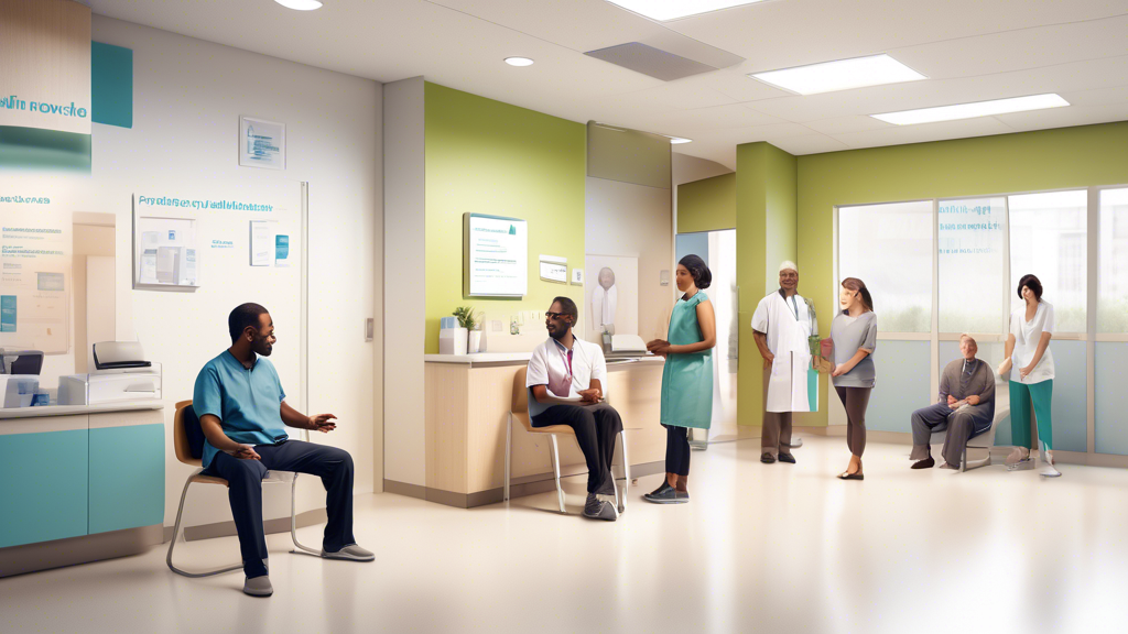 Create an image depicting a diverse group of individuals at a modern, welcoming clinic that offers DOT physical exams. The scene should illustrate various benefits of choosing the right location, such as a convenient urban setting with easy access to public transport, ample parking, and visibly satisfied customers interacting with friendly staff. Include subtle visual elements showcasing affordability and time efficiency, such as a prominently displayed clock showing quick wait times, signs highlighting special services for drivers, and positive feedback banners. The overall atmosphere should reflect the advantages of accessibility, reputation, and added value services for those seeking exam certifications.