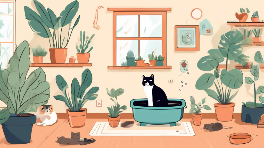 An informative and engaging illustration showing a male cat using a litter box in a cozy home environment, with visual tips around the image such as 