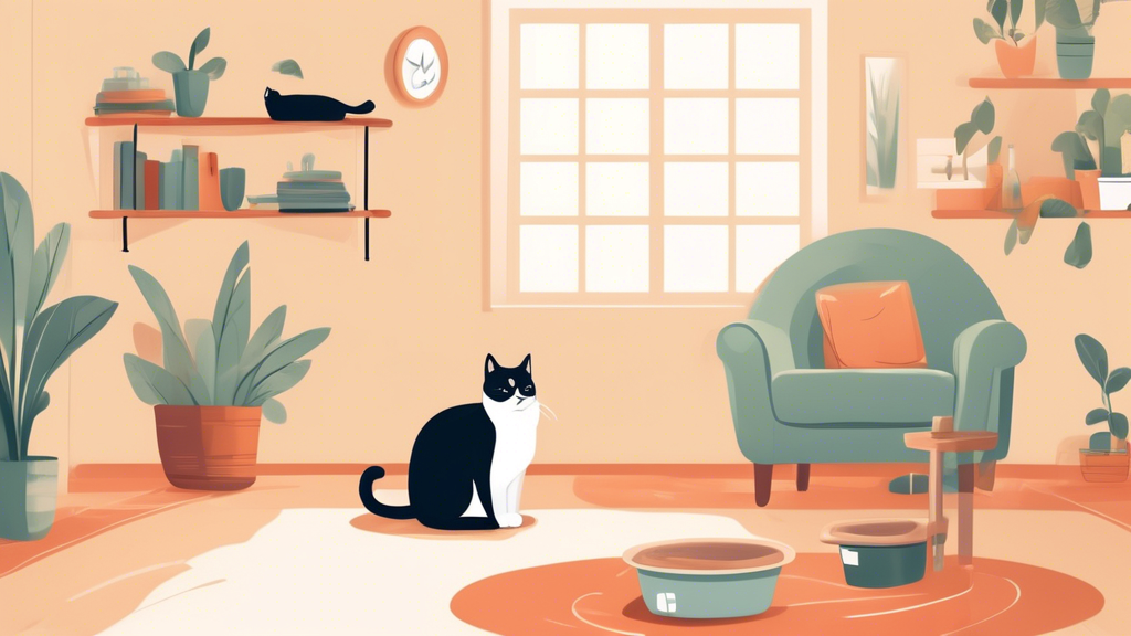 Create an informative illustration showing a serene and stress-free home environment for a male cat. Include elements like a cozy litter box area, a comfortable resting space, and a pheromone diffuser in the background. Depict the cat looking relaxed and content, emphasizing the effective techniques to curb spraying, such as environmental modifications and behavior modification methods. Include visual cues like a checklist on the wall with items like 