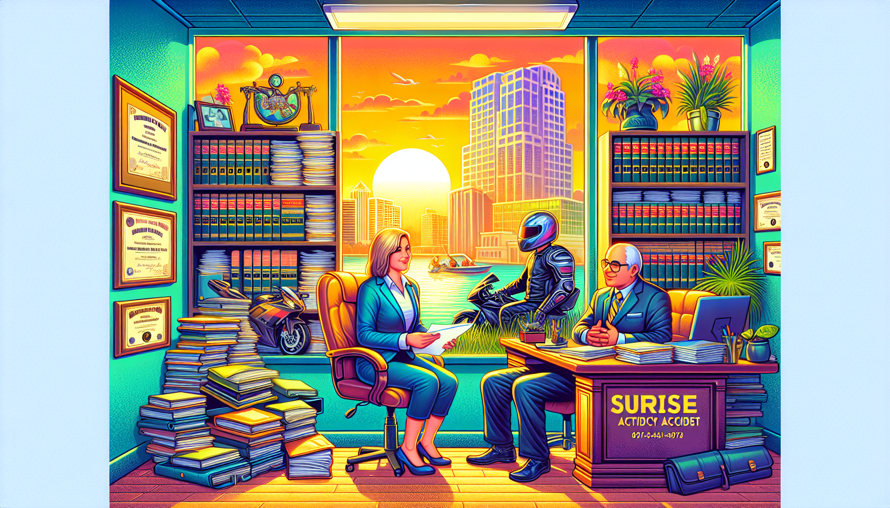 DALL-E prompt: A vibrant and meticulously detailed office scene in Sunrise, Florida, showing a seasoned motorcycle accident lawyer surrounded by stacks of case files specifically related to motorcycle accidents. The office walls are adorned with client testimonials and certificates of successful past cases. A large window with a view of Sunrise cityscape brings sunlight into the room. A client, visibly relieved and comfortable, is sitting across from the lawyer, engaged in a warm and clear conversation about their case. The lawyer’s desk shows an accessible location map of Sunrise, highlighting the convenience for local clients.