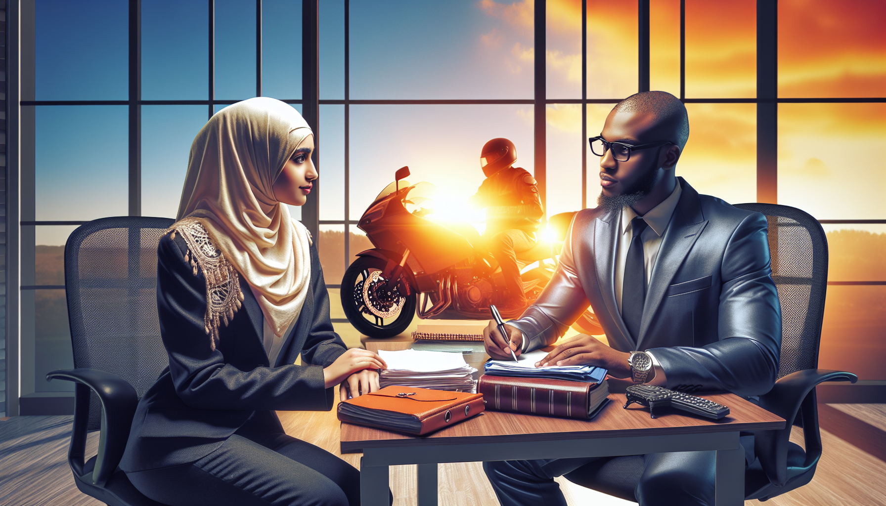 Image of a client sitting across a desk from a competent-looking lawyer in a well-organized office, holding a folder of legal documents related to a motorcycle accident, with the sun rising through the window behind them, highlighting the theme of a new beginning and justice in Sunrise.