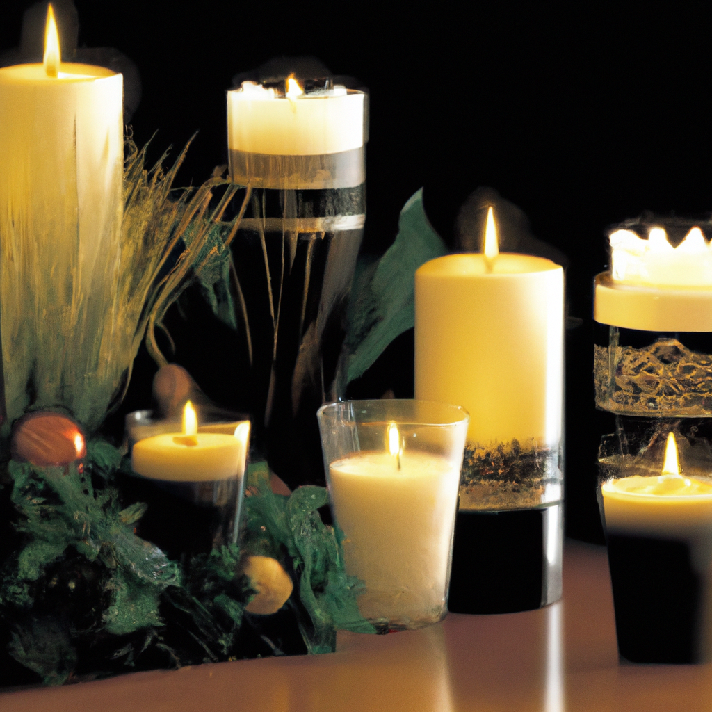 Create an image showcasing a cozy, festive living room setting during the Christmas season. Focus on the versatility and design options of flameless Christmas candles. Feature a range of flameless candle styles, including traditional pillar candles, tea lights, and lanterns, in various colors and sizes. These candles should be integrated into different holiday decorations, such as a DIY centerpiece on a dining table, a beautifully arranged mantelpiece, and illuminating an outdoor porch. The scene is warm and inviting, highlighting how these candles can seamlessly blend into and enhance diverse holiday themes and home decors. Ensure the image captures the glow and aesthetic appeal of the candles, emphasizing their role in creating a festive atmosphere.