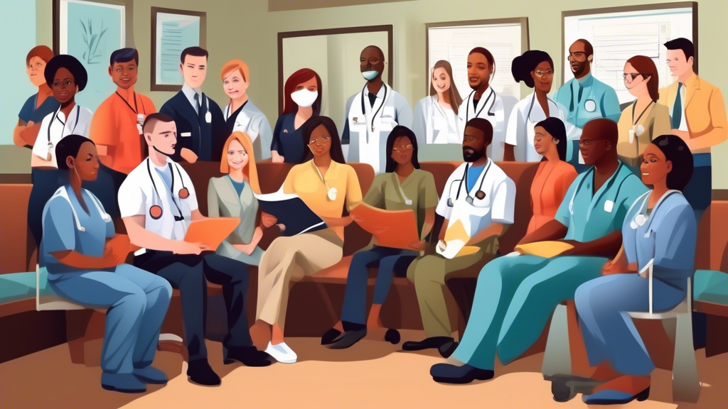 Create an image showcasing a diverse group of professionals, such as a firefighter, teacher, office worker, and artist, all gathered in a waiting room of a medical clinic. Each individual should be depicted in their work attire, holding or glancing at paperwork related to their non DOT physical exam. The setting should reflect a professional and welcoming environment, with visible signage indicating Non DOT Physical Exams. The image should convey the idea of these exams being relevant and beneficial across various occupations and lifestyle scenarios.