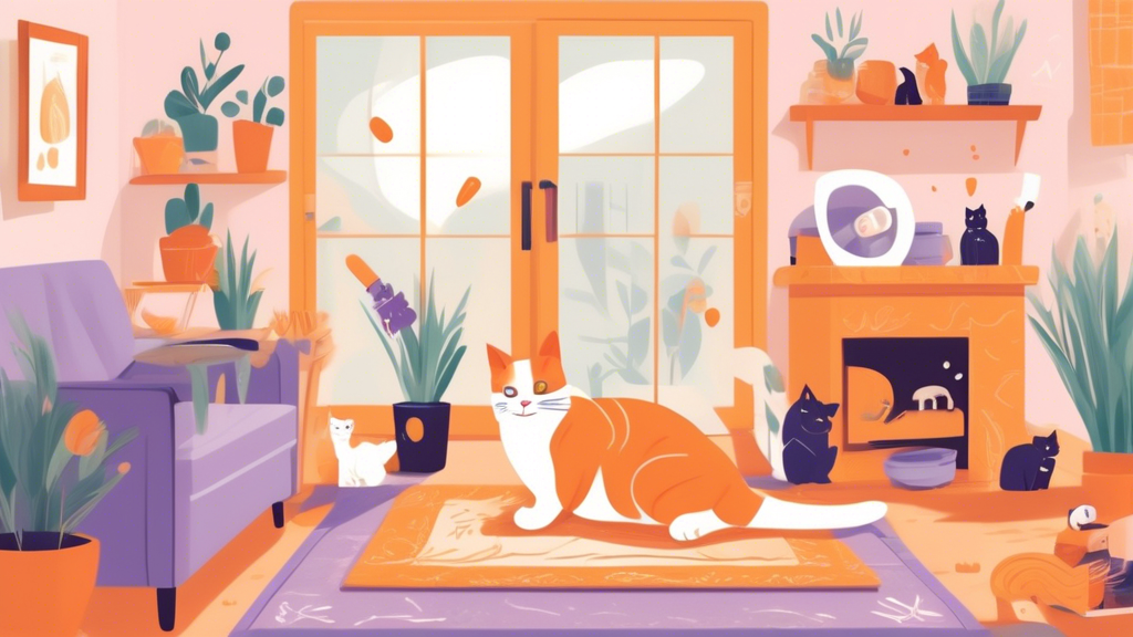 An illustrated guide featuring various effective strategies to deter cats from spraying, showcasing a cozy home environment. Include visual elements such as citrus-scented sprays, motion-activated deterrents, natural repellents like lavender, a clean litter box setup, and a cat playing with toys. The scene should radiate warmth and comfort, emphasizing a happy and healthy relationship between pets and their owners.