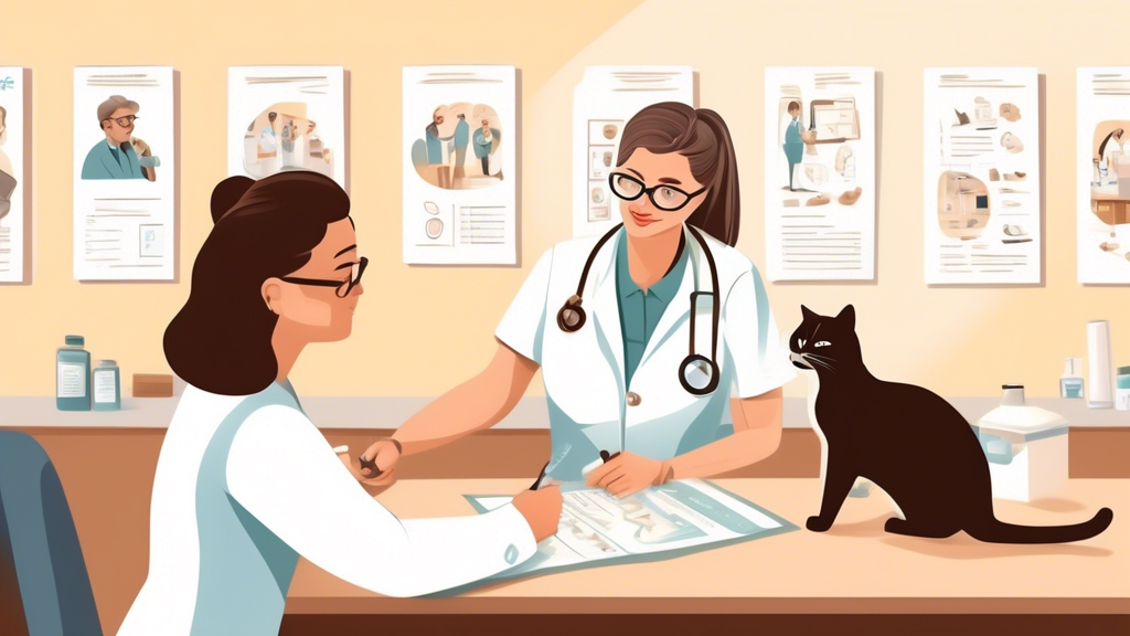 Create an informative illustration that depicts a veterinarian consulting with a cat owner in a cozy clinic setting. The veterinarian, a middle-aged woman with glasses, is examining a chart while discussing the cat’s spraying behavior with the concerned owner. Include visual elements like a cat on the table, a poster of cat behavior on the wall, and a calm atmosphere that suggests professional help. Emphasize the importance of seeking expert advice for managing cat spraying issues.