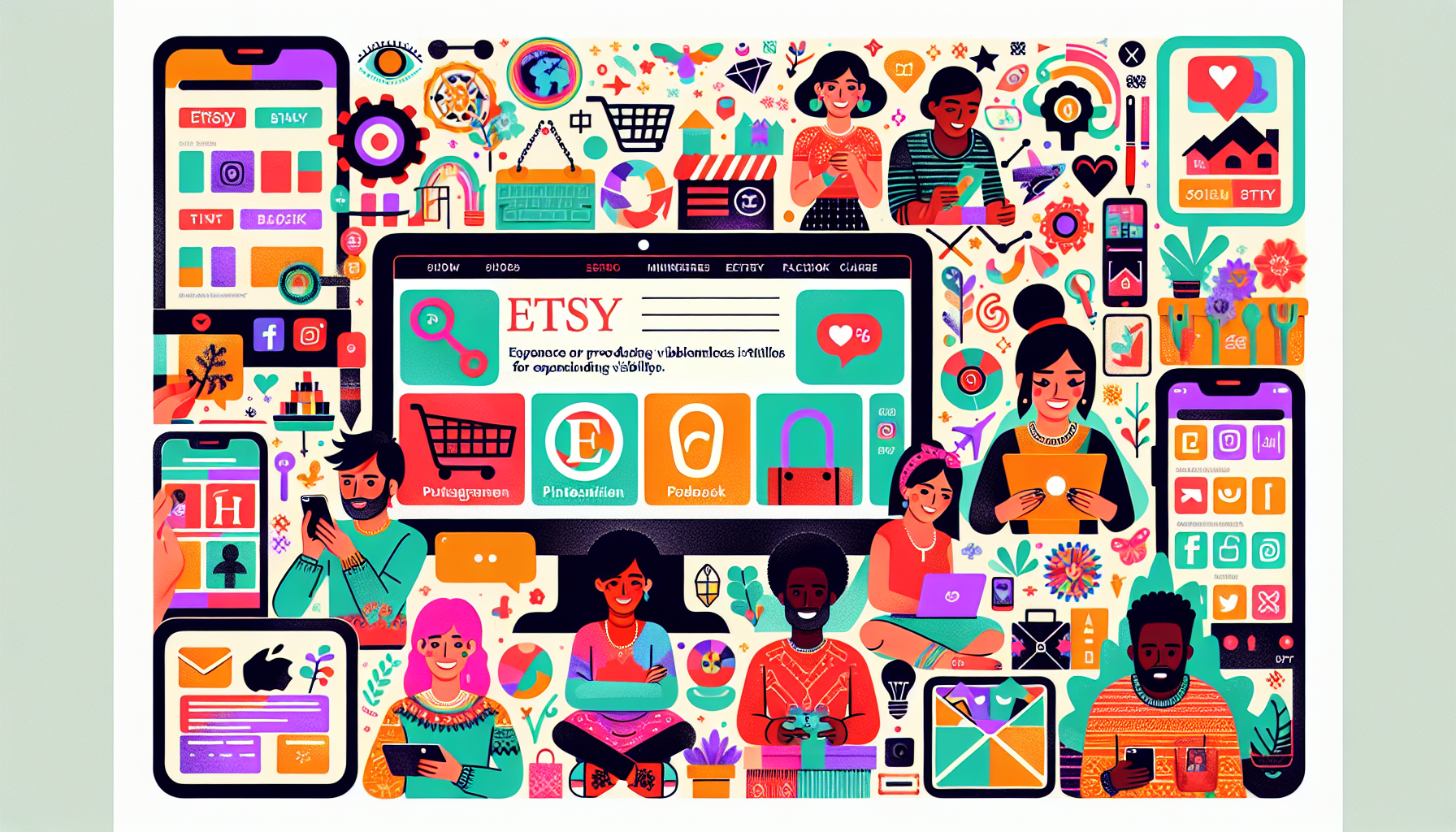 Create an illustration that visually represents the concept of Etsy Marketing Strategies to Increase Visibility and Engagement. The image should include elements such as: 

1. An Etsy shop interface displaying SEO-optimized product listings.
2. Social media icons (like Instagram, Pinterest, and Facebook) to symbolize the leverage of social platforms.
3. An email newsletter graphic that signifies customer engagement.
4. A diverse group of happy customers exploring products on their devices, showcasing interaction with the Etsy shop.

The overall vibe should be colorful and inviting, emphasizing creativity and engagement in a digital marketplace setting.